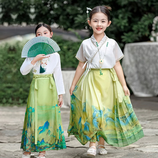 女童马面裙套装春夏汉服中国风半身裙长袖短袖印花型清新可爱服装