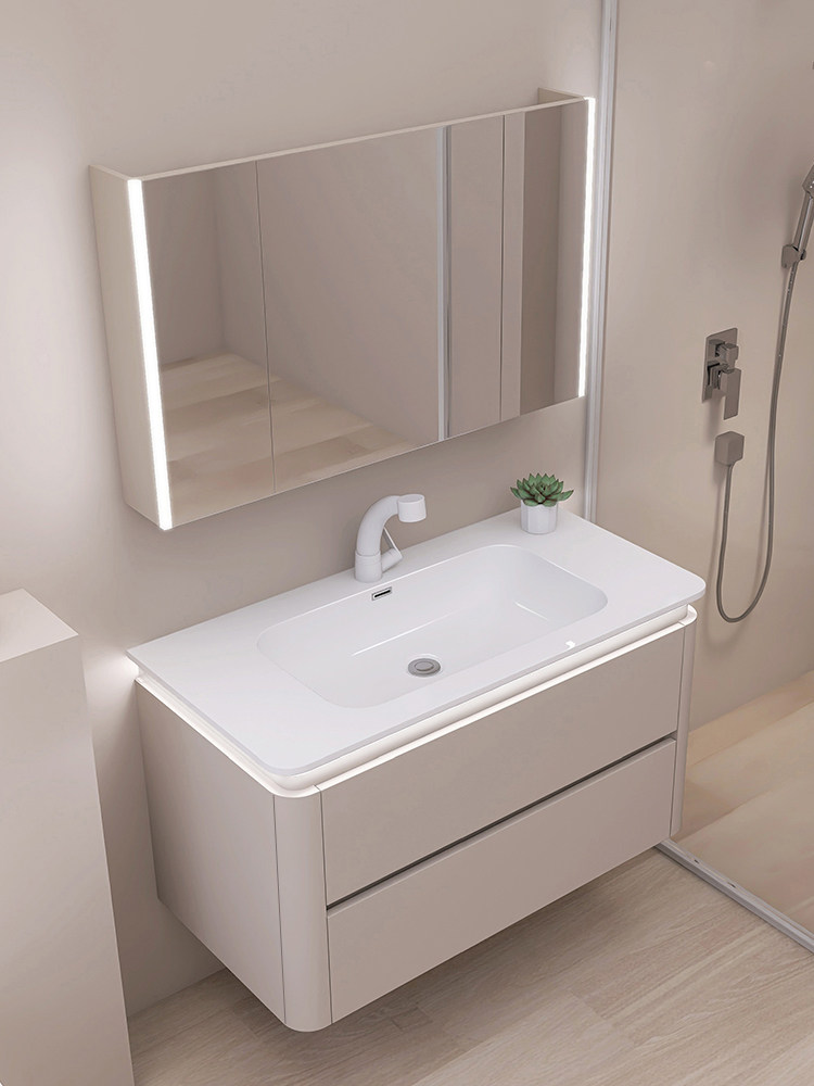 奶油风简约现代浴室柜组合陶瓷一体盆洗手洗脸池盆卫生间洗漱台柜