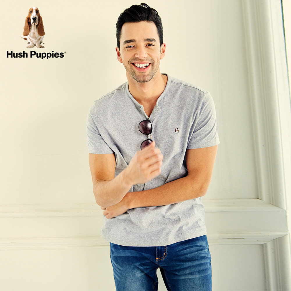 hushpuppies暇步士男装夏新款舒适纯棉圆领开襟短袖t恤|pd-27342d