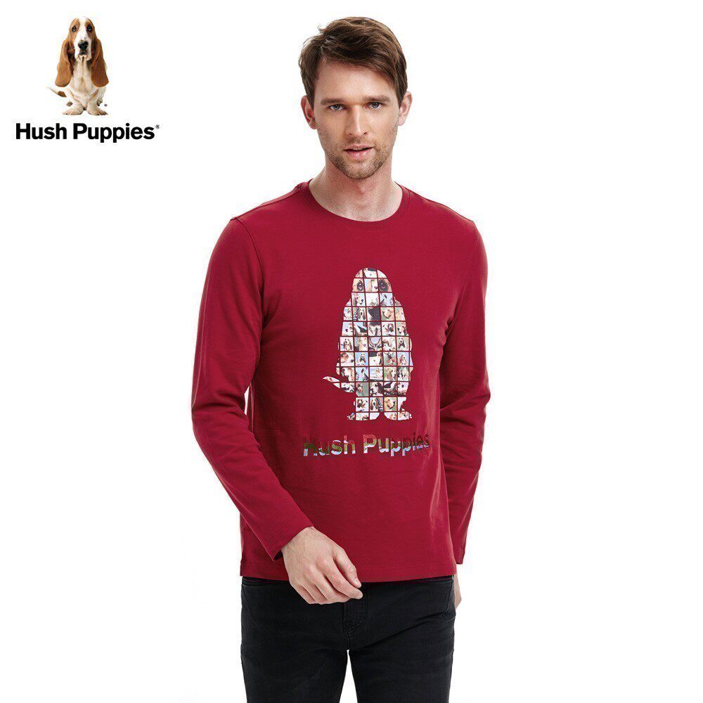 hushpuppies暇步士男装圆领大logo印花长袖男士t恤|pc-26762