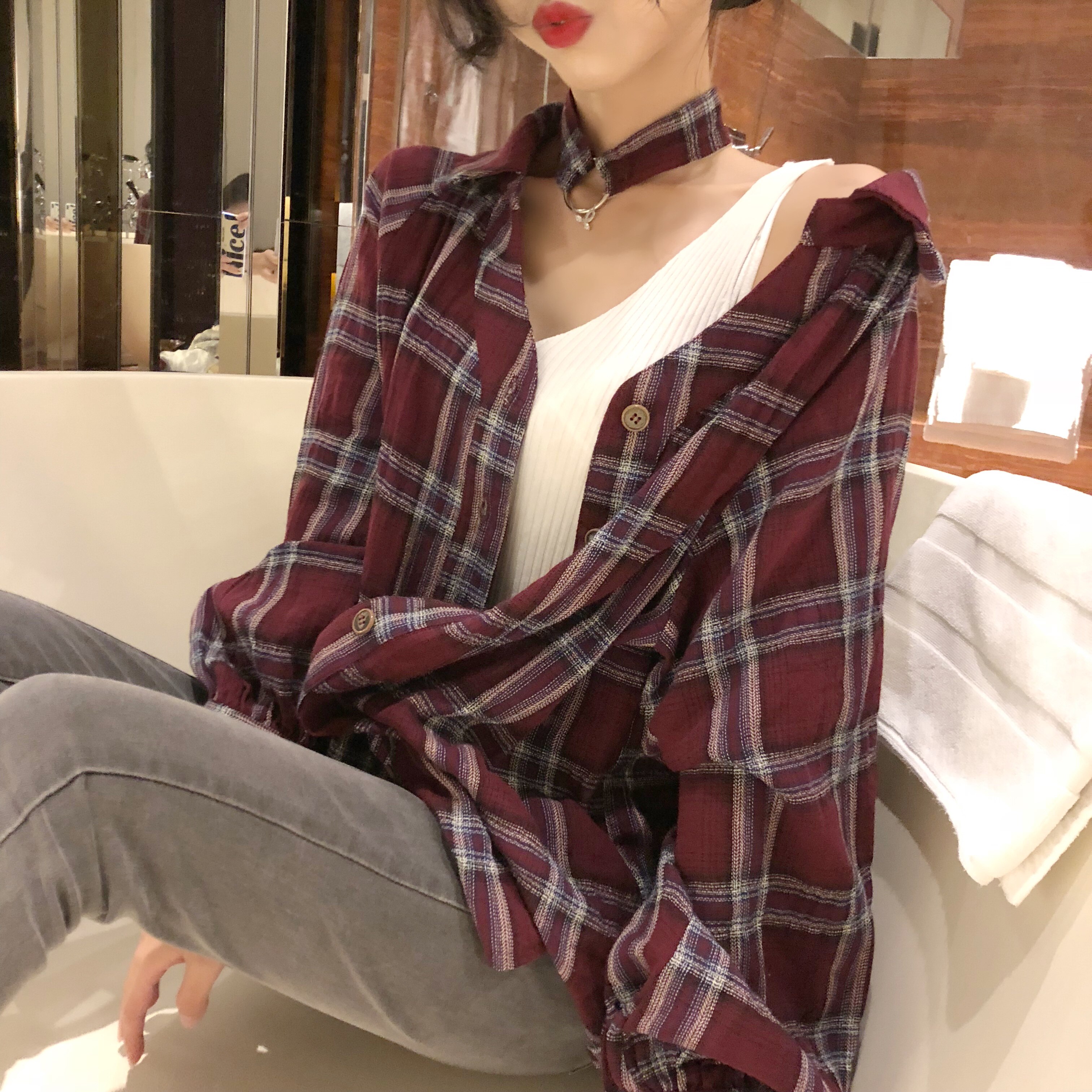 实拍chic早秋格子衬衫港风polo衫女慵懒风衬衣ins上衣外套潮