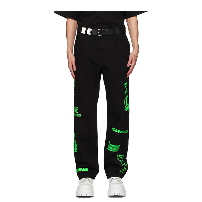 正确版we11done2021新款荧光绿涂鸦印花welldone直筒长裤休闲裤