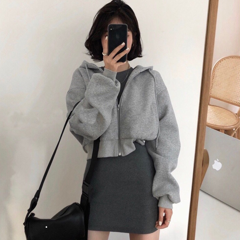韩国chic简约百搭小个子连帽短款卫衣外套 修身包臀连衣裙两件套