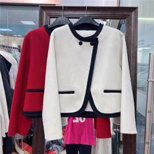 2023年新款法式小香风双面羊绒大衣女短款拼色圆领韩版羊毛呢外套