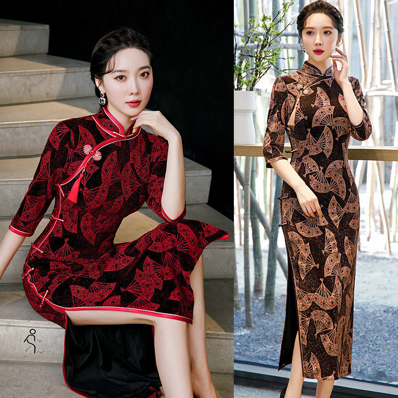 老上海妈妈装旗袍2022新春秋冬季中袖复古改良民国连衣裙修身长款