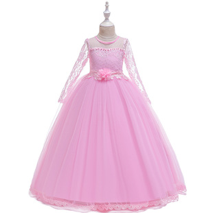 欧美亚马逊儿童时尚蕾丝花朵女童蓬蓬公主长裙儿童婚纱晚礼服外贸