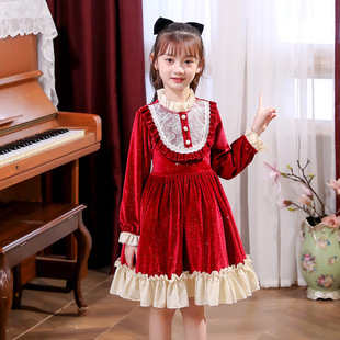 女童公主裙中大童装儿童婚纱礼服现货春秋款洛丽塔长袖连衣裙红色