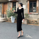 2023秋季法式复古小黑裙修身收腰显瘦方领气质高级感丝绒开叉裙女