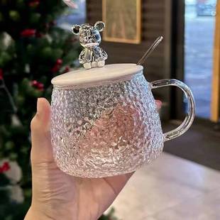 锤纹小熊马克杯玻璃杯咖啡杯冰川纹水杯带把手带盖早餐杯透明茶杯
