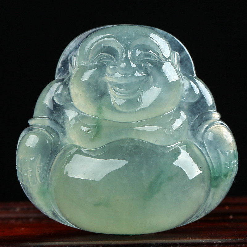 天然缅甸a货翡翠冰种精雕饱满飘花大度佛公吊坠9.44g