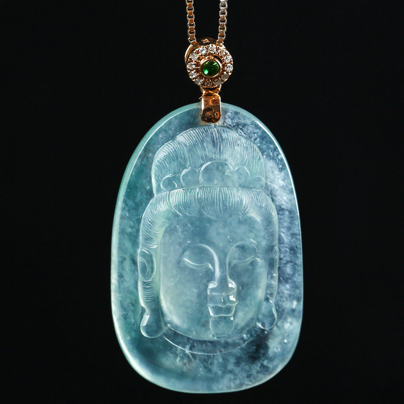 18k金天然钻石扣头缅甸天然翡翠a货冰种观音首吊坠7.48g