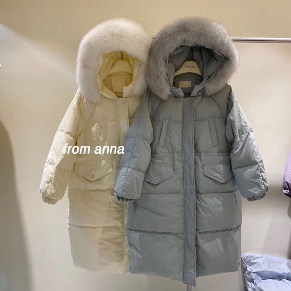 2020韩国fromanna冬季新款保暖大毛领双口袋加厚长款羽绒服外套女