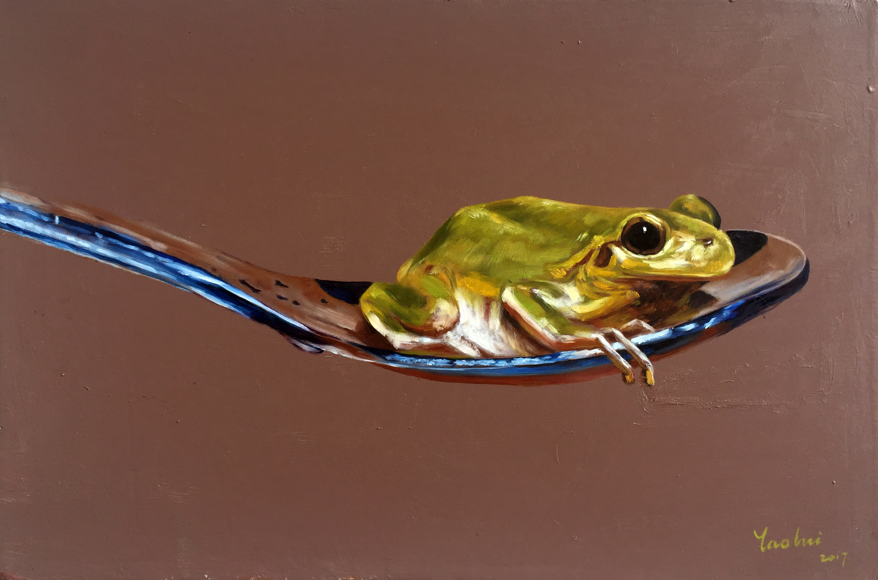 姚慧油画《蛙》有内框(有作画过程)