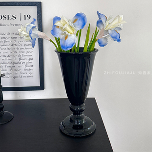 法式复古黑色高脚杯大口径陶瓷花瓶高级感客厅玄关摆件水培花器