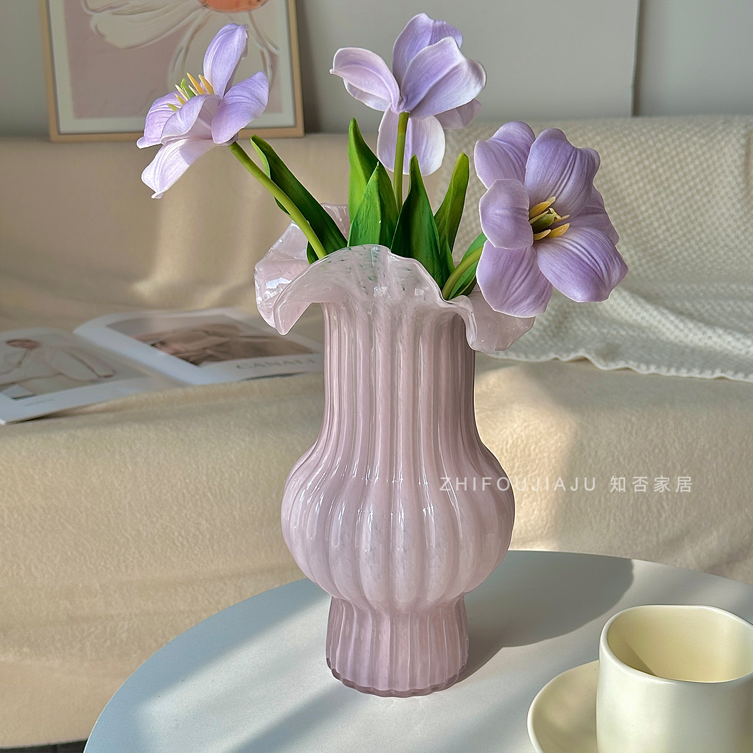 法式百褶花瓶温柔紫装饰摆件客厅插花