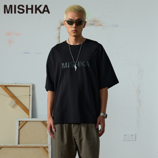 MISHKANYC美式潮牌黑色夏季短袖T恤男士女士圆领宽松显瘦打底纯棉