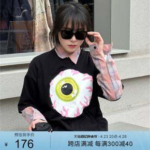 MISHKANYC大眼球美式复古潮牌夏季白色短袖T恤男女士宽松纯棉情侣