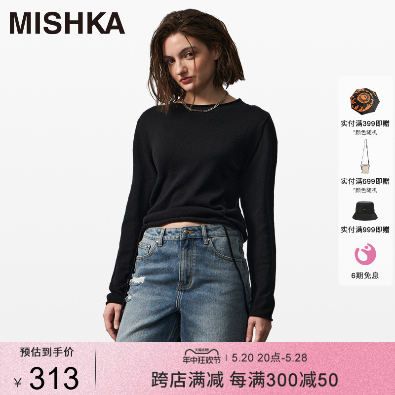 MISHKANYC大眼球秋冬黑色打底衫女士修身内搭长袖上衣T恤设计感