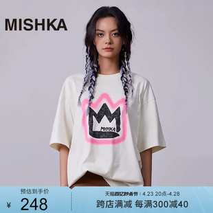 MISHKA美式复古潮牌夏季短袖T恤女大版宽松上衣白色纯棉oversize