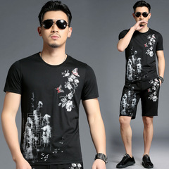莱佰叶夏季男休闲套装短裤中国风刺绣短袖男T恤两件套T15015K5015