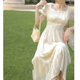 2023新款女装法式白色连衣裙夏季短袖小众设计感气质高级衣服裙子