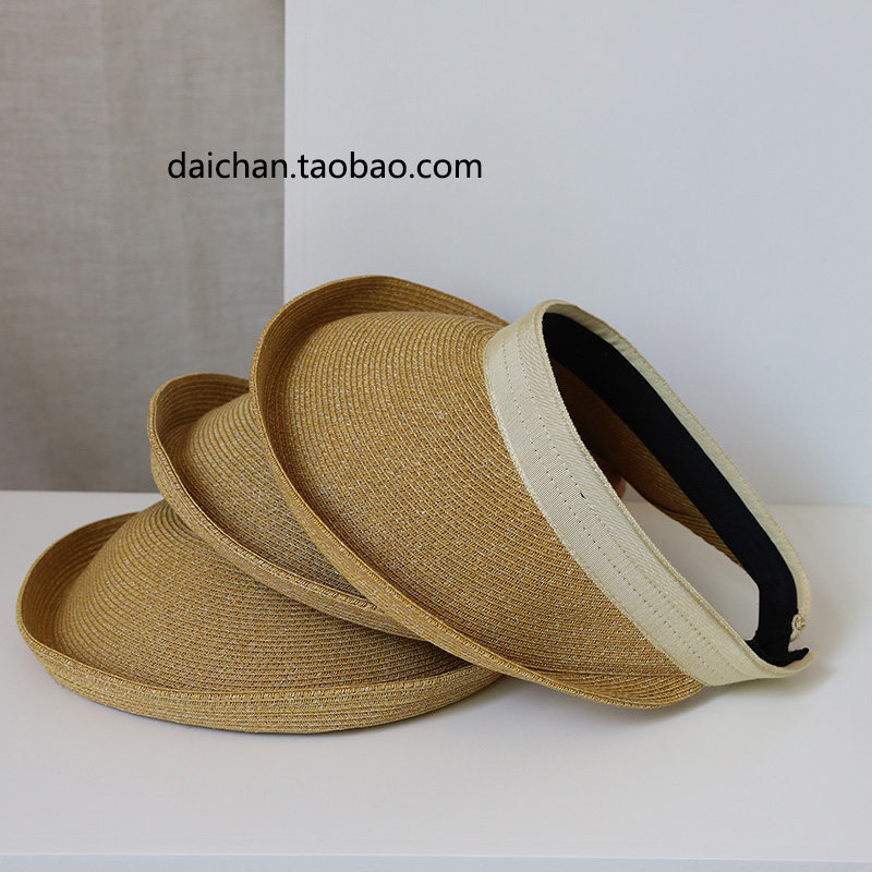 夏季女出游百搭可折叠防晒空顶草帽细草编织无顶宽檐遮阳帽沙滩帽
