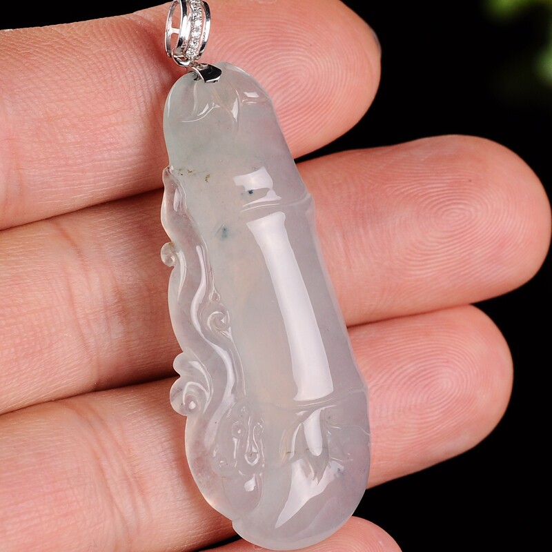 18k白金镶钻石吊扣冰糯种竹节翡翠挂件 12.15克 lh0503