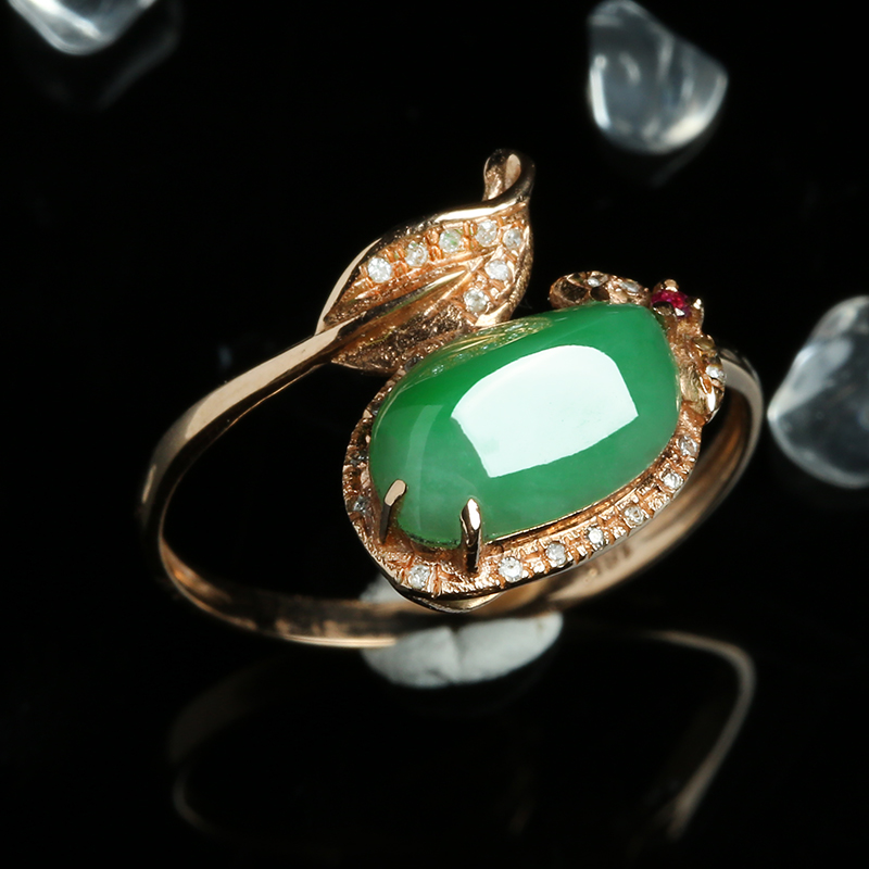 18k金镶嵌老坑冰糯种菱形翡翠戒指 指环内径17mm 1.68g 13166