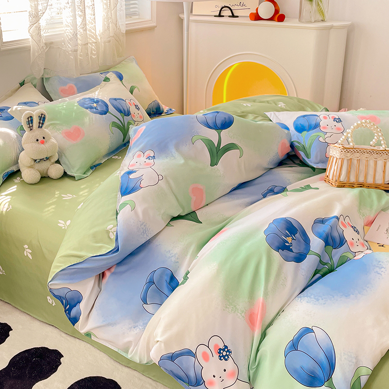 韩式可爱ins天真波比兔床上用品四件套水洗棉1.8m被套床单2三件套