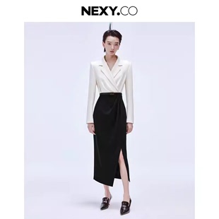 NEXY.CO/奈蔻2024年春季新款气质商务黑白拼接连衣裙女XF05196