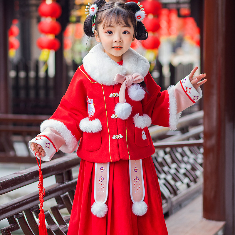 汉服女童冬装款中国风襦裙超仙加棉加厚拜年服宝宝女孩童唐装红色