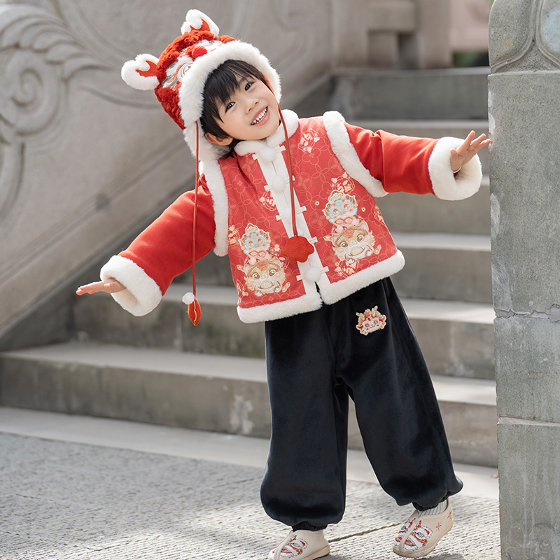 拜年服套装冬季男童汉服上衣外套唐装加厚刺绣印花中国风新年装