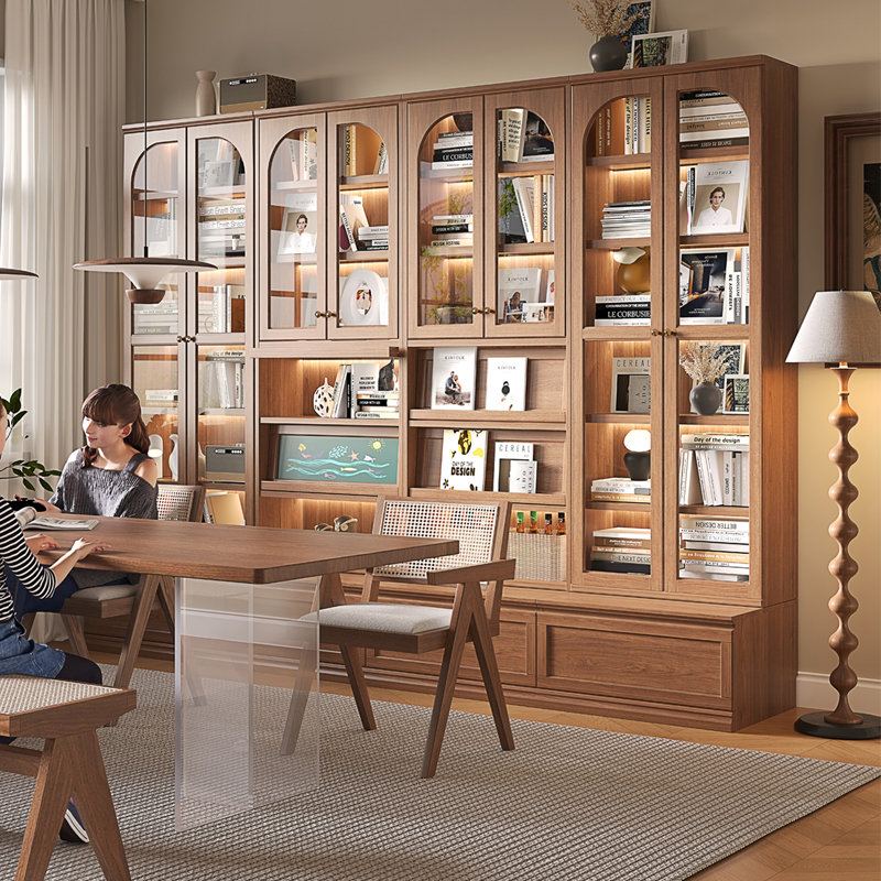 北欧实木书柜胡桃色客厅组合一体整墙