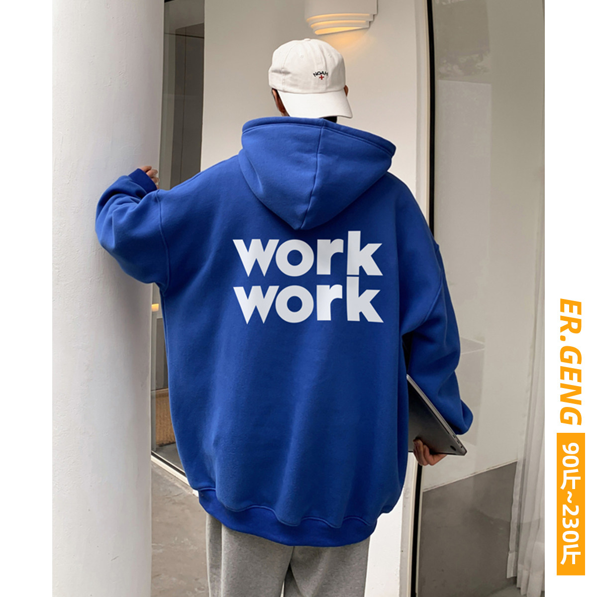 work克莱因蓝卫衣男春秋季ins潮牌连帽美式宽松大码长袖蓝色外套