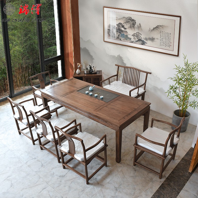 茶台实木茶桌茶具套装一体新中式禅意椅组合老榆木家用功夫喝茶几