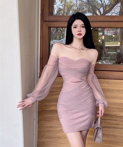 OFF SHOULDER STYLE SPLICE MESH SLIM DRESS