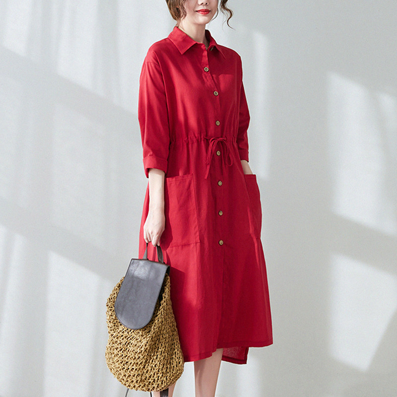 亚麻红色连衣裙