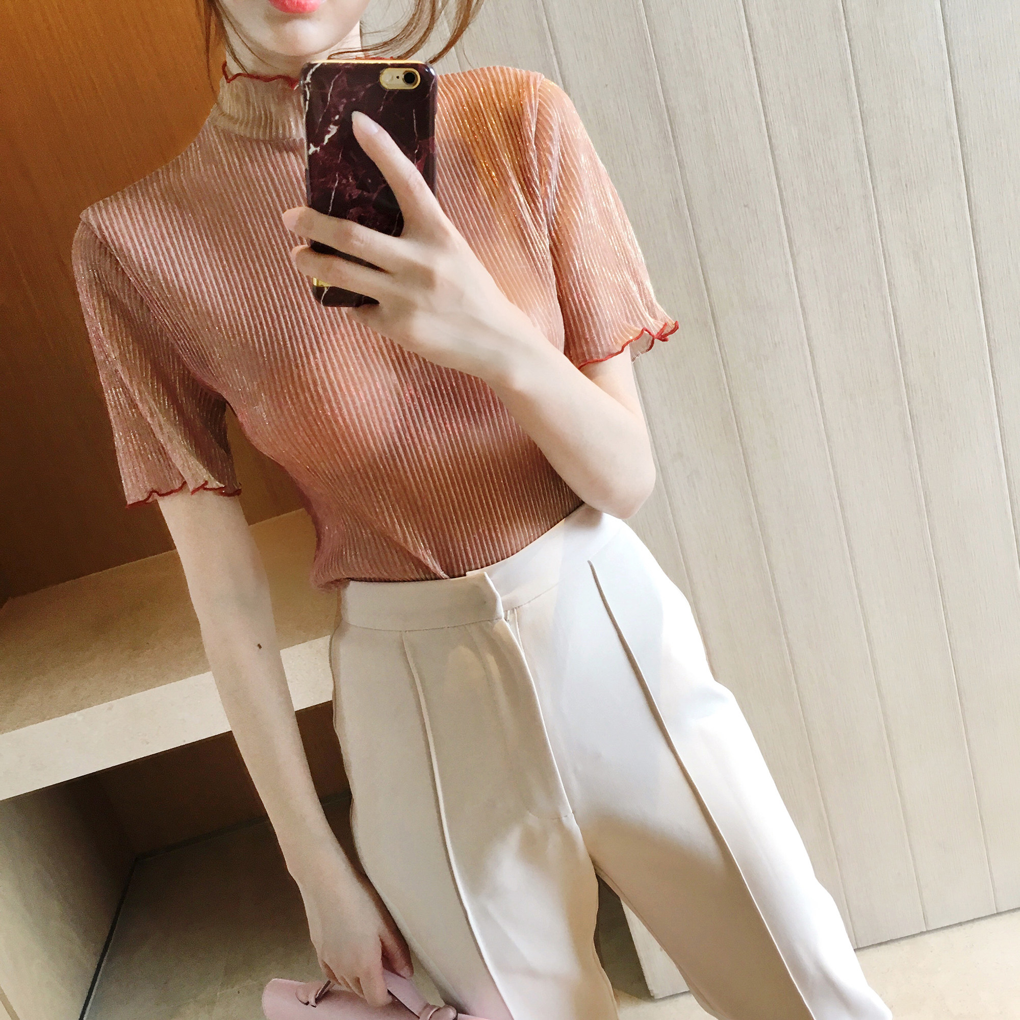 infi超质感珠光亮丝名媛风短袖上衣(3/30新品 先加入购物车)