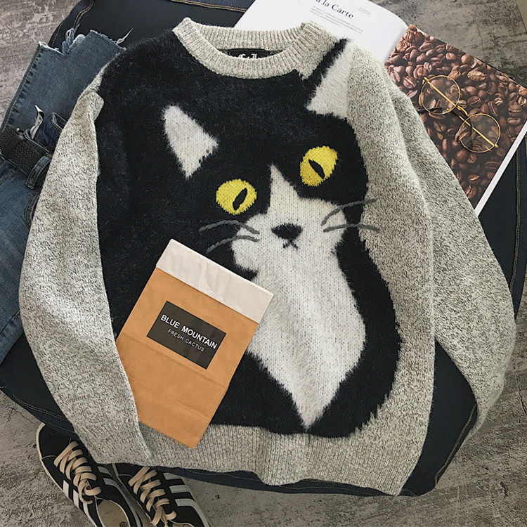 日系小清新猫咪图案套头毛衣秋冬韩版青少年学生潮男女针织衫线衣_不
