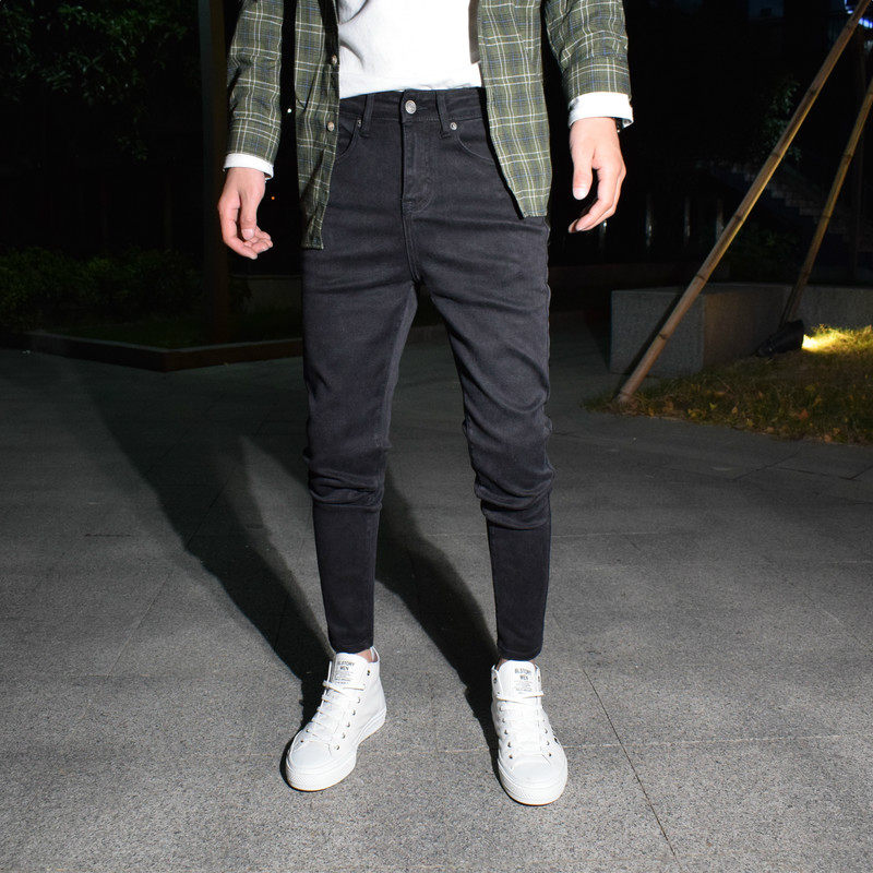 黑色微跨修身小脚九分裤男士简约百搭休闲牛仔裤新款韩版铅笔裤潮