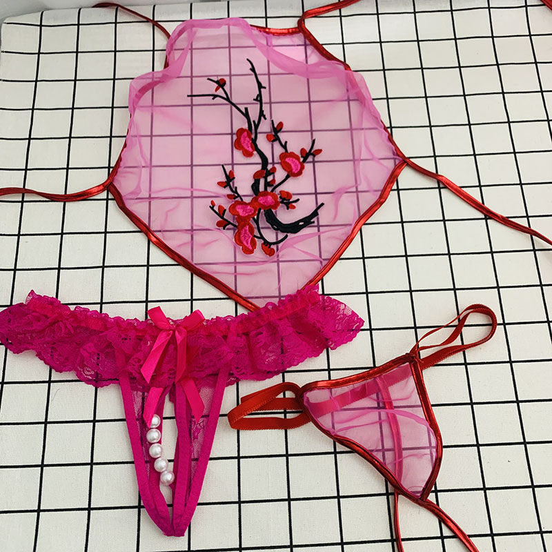 肚兜女性性感成年人超薄透明内衣套装古代情调丁字裤夏季蕾丝网纱