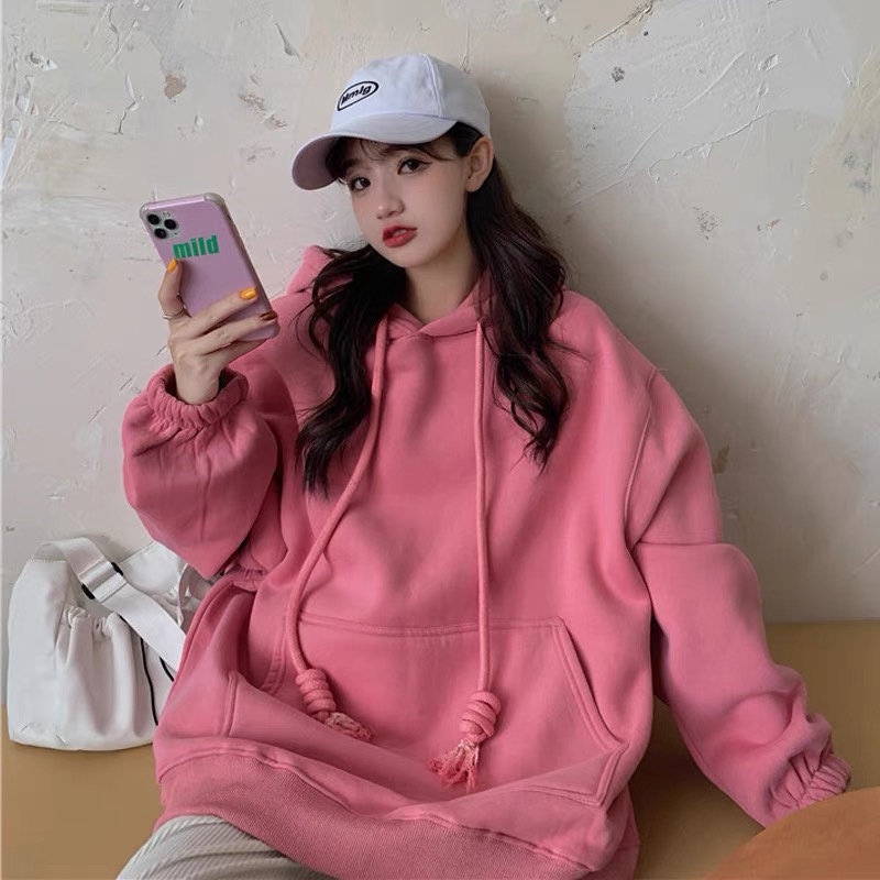 粉色连帽卫衣女2021年新款秋冬加绒宽松bf慵懒风中长款炸街外套潮