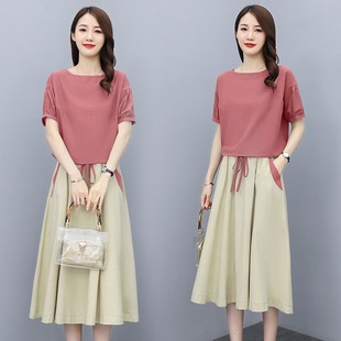 棉麻连衣裙女2024夏季新款韩版宽松大码女装半身裙亚麻裙子两件套