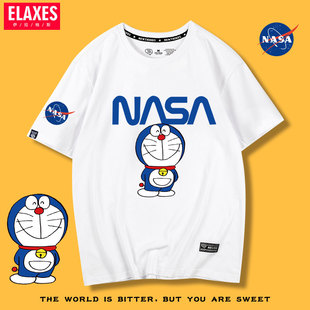 欧美潮牌NASA联名哆啦A梦短袖T恤女洋气设计感爆款纯棉宽松情侣装