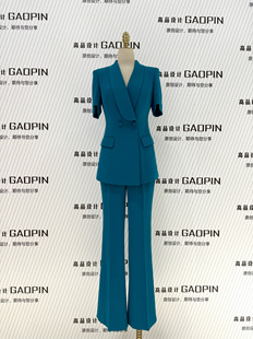 2024夏季短袖薄孔雀蓝职业西装套装垂感通勤时尚洋气高级感西服女
