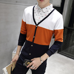 秋季中学生条纹拼色假两件t恤男衬衫领长袖青少年修身韩版薄上衣