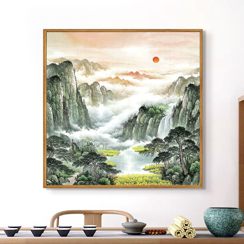 正方形挂画靠山字画走廊公司装饰画玄关新中式旺财山水画风景壁画