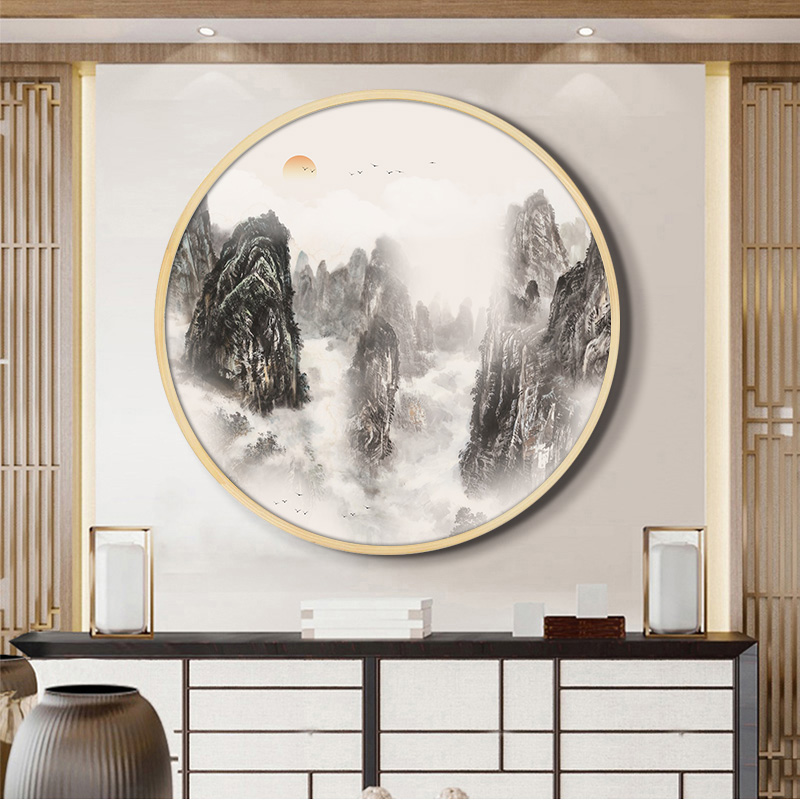 客厅背景墙新中式挂画圆形水墨山水画