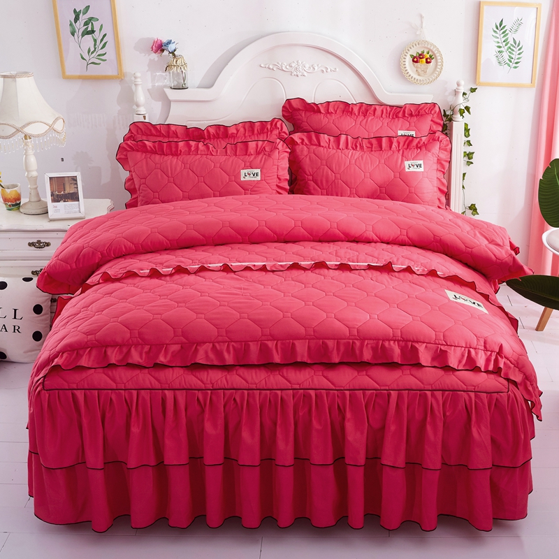 全夹棉网红款床裙式四件套全棉纯棉床上用品加厚保暖床罩被套纯色