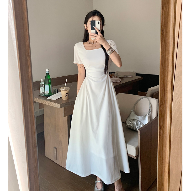 夏季新款古典白玫瑰法式气质纯色优质感短袖连衣裙字高腰显瘦裙子